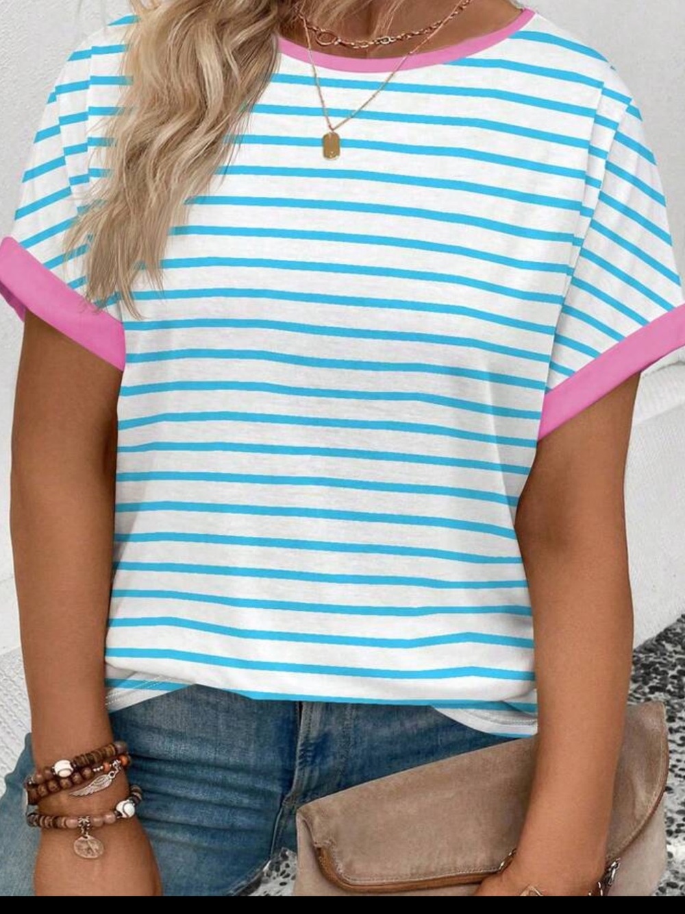 Striped Short-Sleeve Tee with Pink Trim - White & Aqua SHEIN still in package